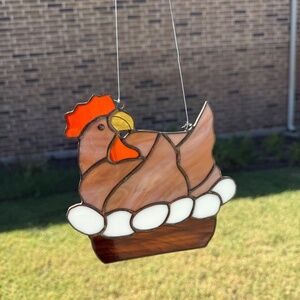 Vintage Handmade Stained Glass Chicken Hen on Eggs Suncatcher Farmhouse Window